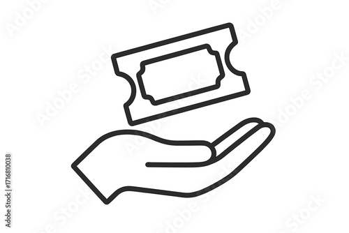 Hand holding ticket icon. Buying, giving or receiving pass for event. Entry, access, admission for concert, cinema, movie, festival. Outline symbol of coupon, voucher.