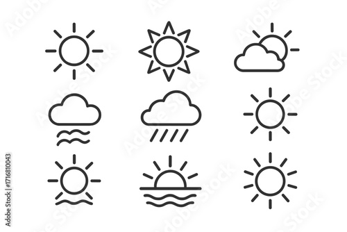 Sun and Weather Icons Set, Simple Line Art Symbols of Nature, Sunny, Cloudy, Rainy, Sunset, Weather Forecast, Editable Stroke Vector Collection, Digital Use