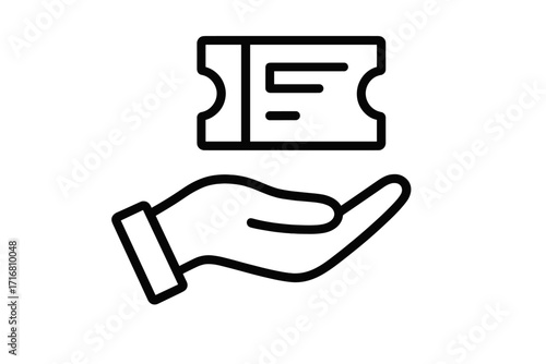 Hand holding ticket icon. Giving or receiving pass for event, concert, or cinema. Admission, entry, or access symbol. Vector outline illustration for web and apps.