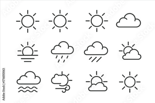 Sun and weather symbols collection with simple isolated line icons, editable stroke, vector cartoon illustration for websites, apps, cards, books, and nature themes