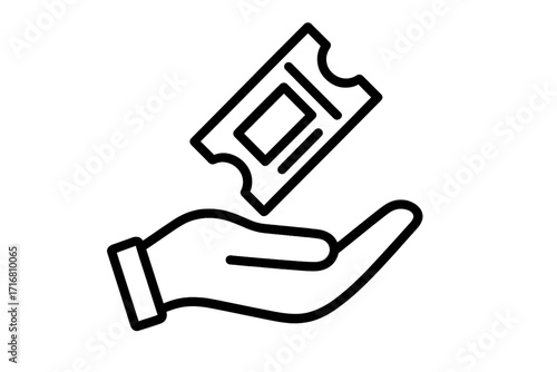 Hand holding ticket vector outline icon. Concept for buying event admission, getting a pass, online booking. Minimalistic symbol for cinema, movie, theatre, concert, or festival.