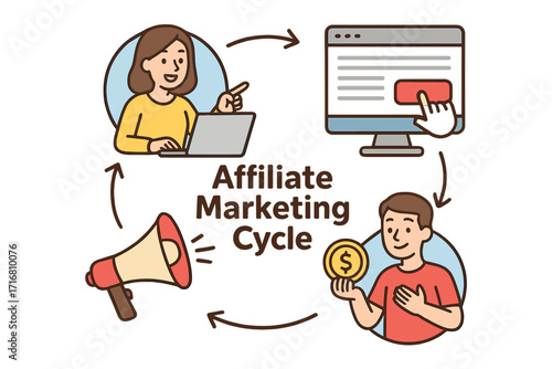 Affiliate marketing cycle vector cartoon illustration. Diagram showing referral process from promotion to commission. Passive income and online business strategy for influencers.