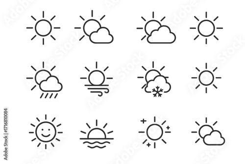 Sun and Weather Icons Set. Nature Sun Symbol Collection. Editable Stroke Vector Cartoon Illustration. Suitable for Web, Apps, Cards, Books Design. Transparent Background