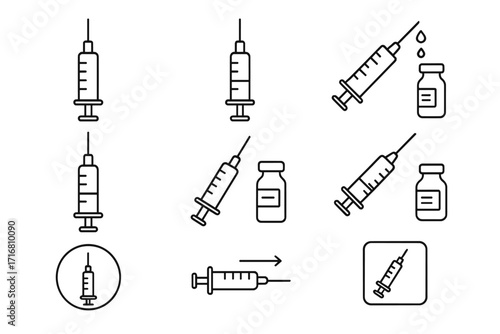Syringe and vaccine icon bundle, editable stroke medical injection set, vector illustration for websites, apps, books, healthcare, vaccination, transparent background