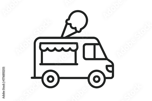Ice cream truck vector icon. Food van symbol. Summer street food concept. Mobile gelato shop car. Thin line outline art for web, app design. Sweet dessert, snack delivery.