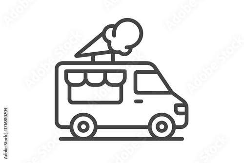 Ice cream truck vector icon. Food van line symbol. Mobile gelato shop for summer dessert delivery service. Street food festival concept. Minimalist outline for web design, apps.