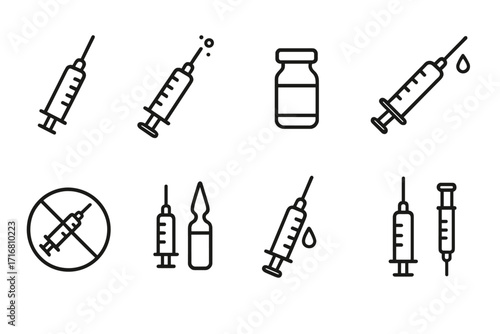 Syringe and vaccine vial line icons set for medical websites, books, cards, apps. Editable stroke vector illustration. Injection, vaccination, healthcare symbols collection