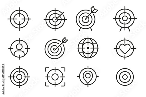 Target set of thin line icons with editable stroke, bullseye and dartboard targets, perfect for websites, apps, books, cards, cartoons, vector illustration, transparent background, ordered collection