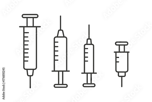 Syringe thin icons collection, editable stroke medical injection vector set, healthcare syringe line art for web design, books, apps, cards, transparent background, cartoon style