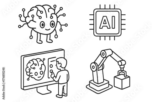 Artificial intelligence isometric outline icon set. AI concept with machine learning, robot arm, neural network brain, and user interface. Future technology cartoon vector.