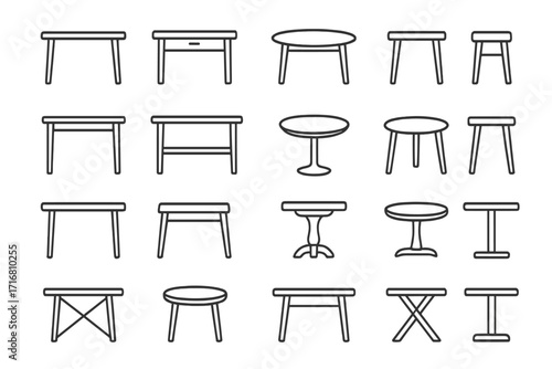 Table bundle thin line icons set, editable stroke collection of office, home and cafe furniture symbols, web and app design vectors with transparent background, cartoons and outlines