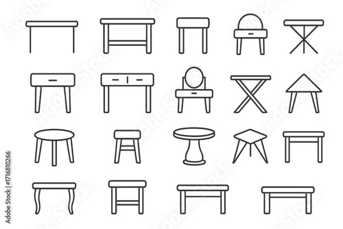 Table icons bundle set with thin editable stroke lines, versatile furniture collection for web, books, cards, apps, vector cartoon illustrations in transparent background, organized designs
