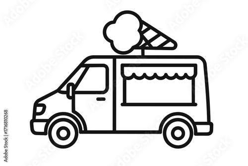 Ice cream truck vector line icon. Food truck van for summer street food and dessert. Mobile shop for sweet frozen treats. Minimalist outline cartoon illustration for business.