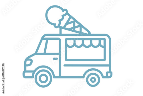 Ice cream truck vector icon. Food van for summer treats and desserts. Mobile shop line art illustration. Street food business concept. Simple outline for graphic design.