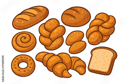 Fresh baked bread and pastry set. Cartoon vector illustration of bakery food collection. Includes croissant, challah, loaf, bagel, bun, and cinnamon swirl pastry.