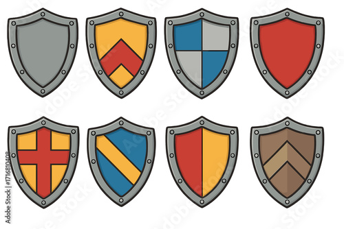 Medieval shield set for game assets. Vector cartoon collection of knight battle armor. Heraldry emblems and fantasy RPG crests. Blank and patterned coat of arms symbols.