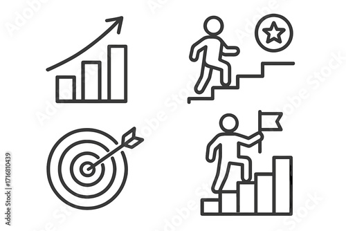 Business success and career growth icon set. Goal achievement, personal development, and ambition concepts. Vector icons for motivation, progress, and leadership strategy.