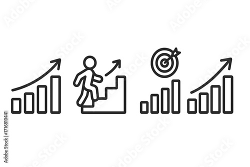 Growth and achievement line icon set. Business progress, career development, and goal setting. Vector icons for success, improvement strategy, target, and career ladder.
