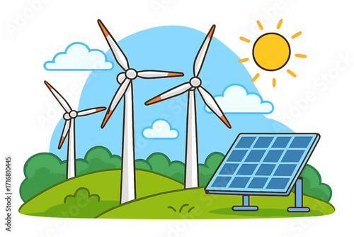 Wind turbines and solar panel generate renewable energy. Clean power facility concept. Sunny weather cartoon vector. Green, sustainable, and eco friendly technology illustration.