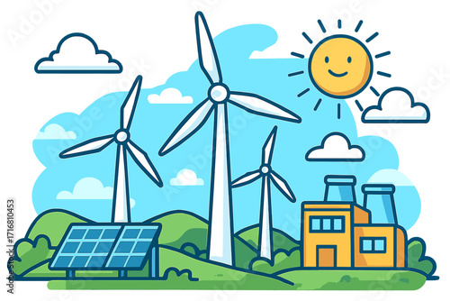 Wind turbines and solar panels generating clean energy. Renewable power concept. Green electricity production with windmill and solar cell farm. Sustainable technology vector cartoon.