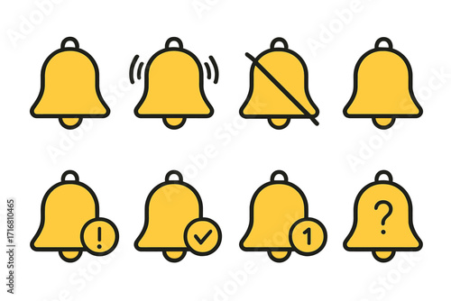 Vector notification bell icon collection. Includes alert, new message, reminder, warning, subscribe, and mute symbols. UI and UX elements for web and app design.