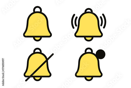 Notification bell icon set. Subscribe button for social media. Ringing, silent mode, and new message alert symbols. Minimalistic flat yellow vector for web, app, UI, UX design.