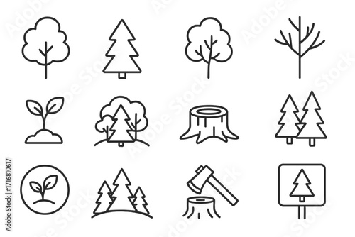 Simple isolated line icons collection of trees, forest, seedlings, stumps, and logging tools. Editable stroke vector set for web, apps, books, cards. Cartoon style nature symbols