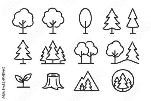 Simple tree and forest line icons collection, editable stroke, isolated black outline symbols for websites, apps, cards, books, vector cartoon illustration set, nature and environment