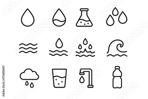 Water thin icons bundle with drops, waves, glass, faucet, bottle, rain cloud, laboratory flask, liquid concept, editable stroke vector set for web, apps, cards, books illustration