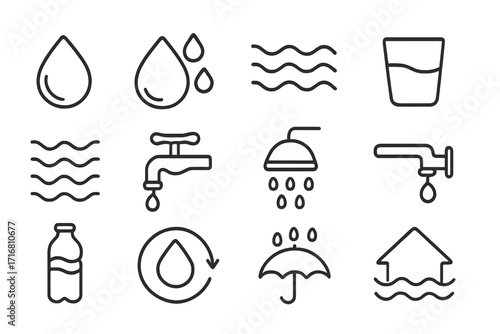 Water related line icons set for websites, books, cards, apps, editable stroke vector illustration featuring drops, waves, faucet, glass, bottle, shower, umbrella, recycling, flood