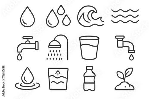 Water related line icons set for web, books, cards, apps, editable stroke vector cartoon illustration with water drops, waves, taps, shower, glass, bottle, and plant growth