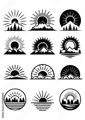 Set of Sunrise & Sunset Mountain Landscape Icon Bundle