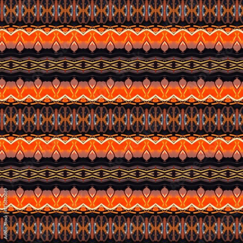 Abstract tribal pattern in orange, black, and gold. Symmetrical design with geometric motifs, bold texture, seamless, ethnic, vibrant and decorative.