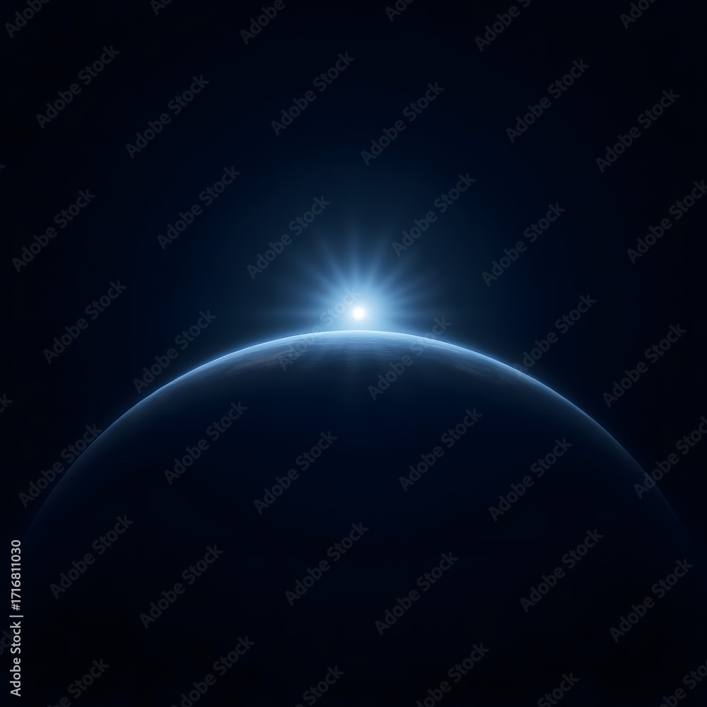 Obraz premium Futuristic glowing blue sunrise over planet Earth with abstract light rays and cosmic horizon effects, digital space background for sci-fi, technology, and cosmic themes