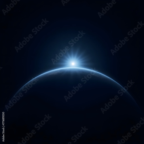 Futuristic glowing blue sunrise over planet Earth with abstract light rays and cosmic horizon effects, digital space background for sci-fi, technology, and cosmic themes