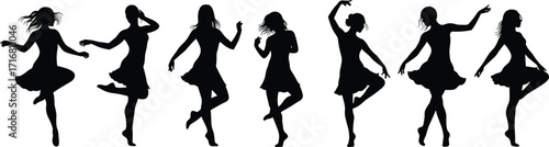 Female dancer silhouette set in expressive poses, black and white illustration, dress movement and emotion concept, performing arts, white background