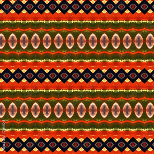 Seamless tribal-inspired geometric pattern with red, green, and black diamond motifs. Abstract symmetrical textile design, bold, cultural, vibrant.