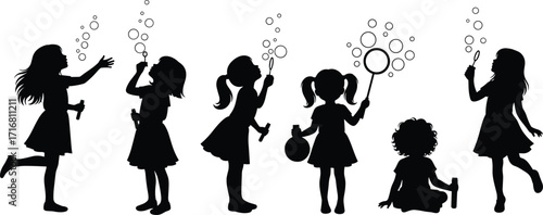 Children playing bubbles silhouette, kids outdoor activity, happy childhood fun, little girls blowing soap bubbles, summer playtime, family recreation illustration design