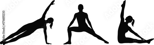 Fitness workout silhouette, yoga exercise poses, woman stretching body, pilates training position, strong athlete balance, healthy lifestyle, gym flexibility illustration design