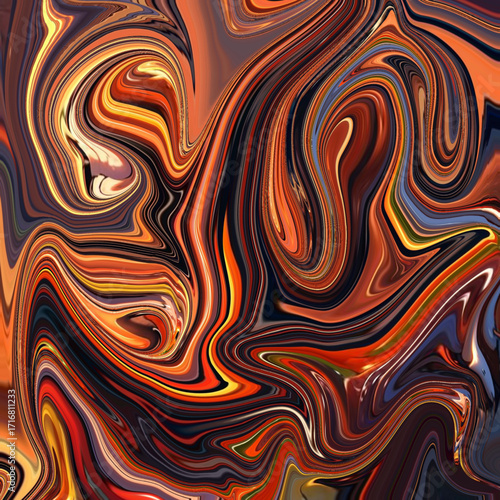Vivid abstract swirl in fiery tones of orange, red, and black. Flowing liquid shapes, psychedelic art, modern texture, bold and energetic.