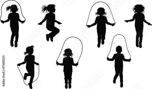 Kids skipping rope, children jump rope silhouettes, fitness, exercise, fun, outdoor activity