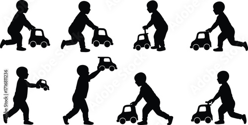Silhouette toddlers playing with toy cars, children pushing vehicles, fun activity, childhood playtime, vector illustration, black design, isolated background