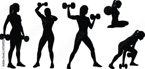 Silhouette women fitness workout, lifting dumbbells, gym training, strength exercise, bodybuilding poses, active lifestyle, muscle training, health, sport, wellness