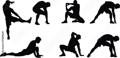Man stretching exercise silhouette, male fitness workout poses, gym stretching illustration, body flexibility training vector, sports athlete stretching design