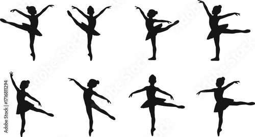 Silhouette ballerina girl, ballet dance poses, young dancer in tutu, elegant ballet movement, classical performance art, graceful ballerina child illustration