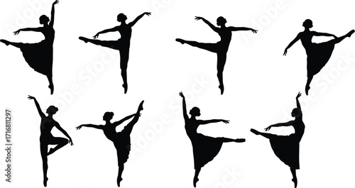 Silhouette ballerina dancing, elegant ballet poses, graceful female dancer, classical dance performance, artistic movement, ballerina silhouette illustration, ballet art concept, stage dance