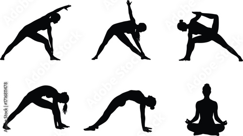 Silhouette women yoga poses, stretching, balance, meditation, flexibility exercise, healthy lifestyle, fitness training, relaxation, mindfulness practice, wellness, body strength