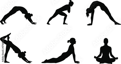 Silhouette women yoga poses, meditation, fitness training, stretching exercise, healthy lifestyle, flexibility practice, balance, mindfulness, wellness, relaxation, body strength