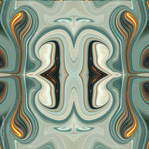 Teal and ivory symmetrical abstract pattern with golden highlights, creating elegant marble-inspired kaleidoscopic art. Abstract, Symmetry, Teal, Marble, Golden