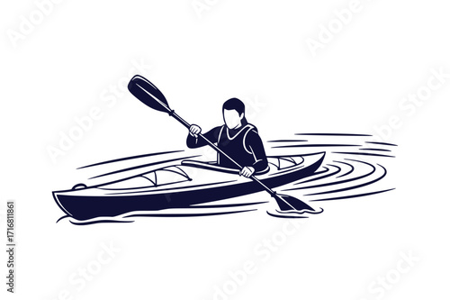 a person kayaking in a river elegant clip art drawing of vector art illustration on a white background
